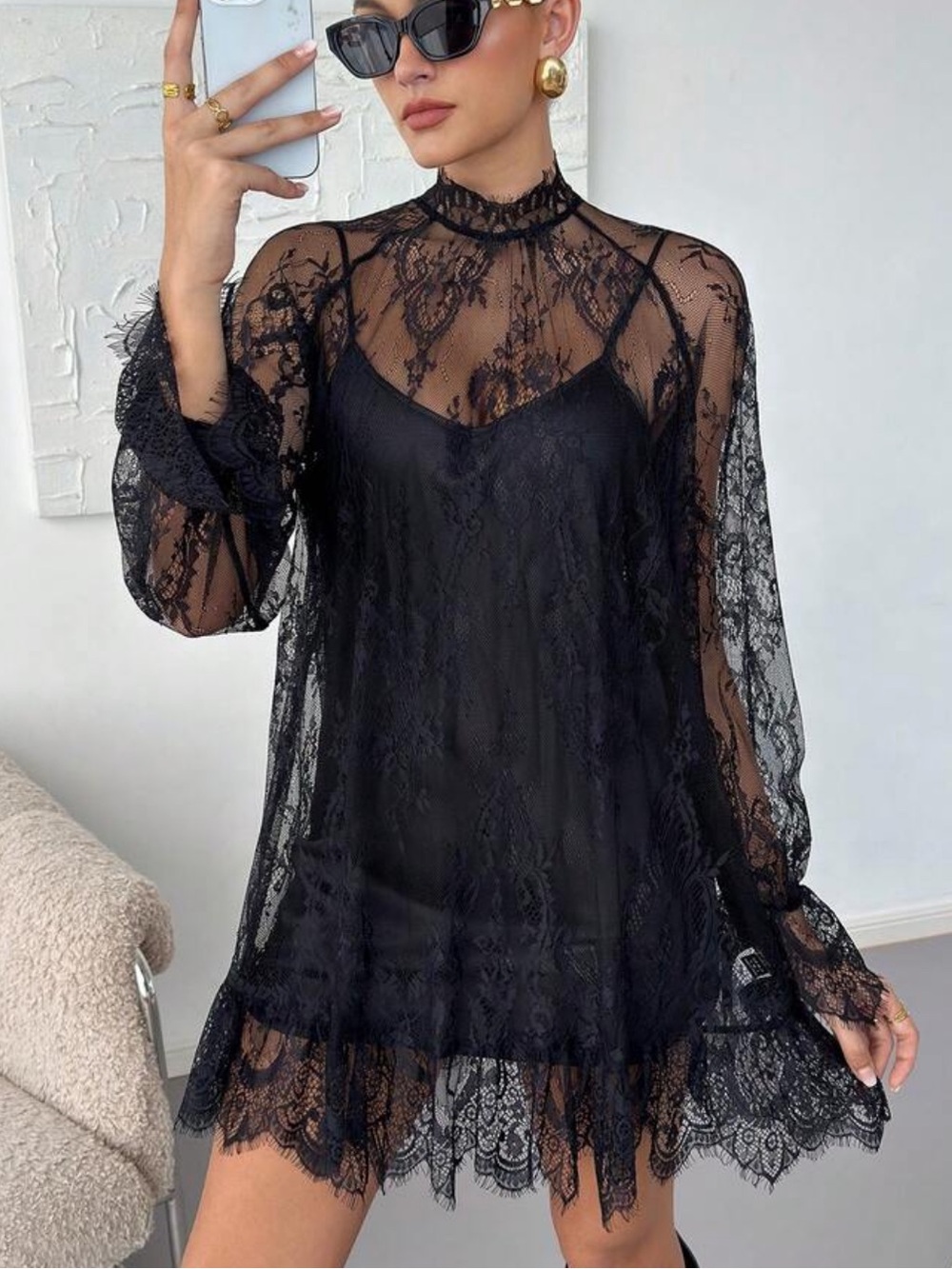 Women's Elegant Sexy Mesh Long Sleeve Top, Lace Embroidered Tulle Dress - Picture 4 of 7